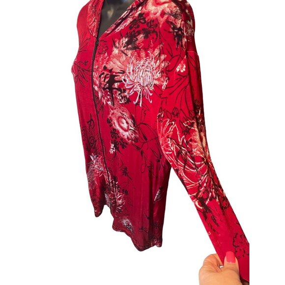 Chico’s Red Floral Asian Inspired Hooded Full Zip Jacket Sz XL - Picture 4 of 11
